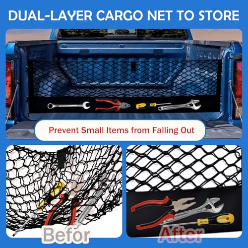 Image of Truck Bed Cargo Net for 2013-2026 Chevy Silverado&GMC Sierra 1500 /2500HD /3500HD Accessories, Envelope Style Trunk Mesh Cargo Net, Heavy Duty&Double-Layer Nylon Storage Rear Netting Holder Organizer