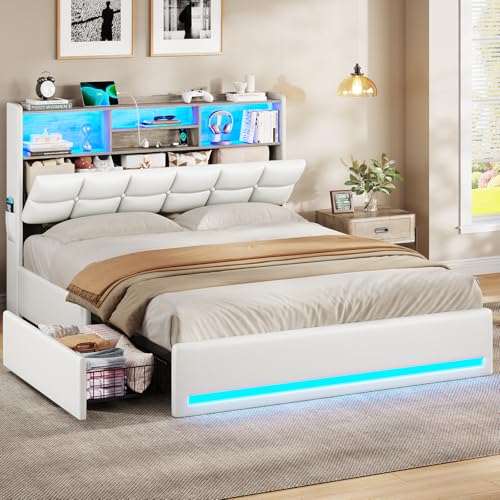 VIAGDO Full Size Bed Frame with Bookcase Headboard and Storage, Upholstered Platform Bed Frame Full Size with Charging Station, 4 Drawers and LED Lights, Heavy Duty, No Box Spring Needed, White