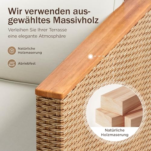 PHI VILLA 3 Teilig Gartenmöbel Set Balkonmöbel, Rattan Lounge Möbel Outdoor mit 1 Chaiselongue, 1 Zweisitzer-Sofa und 1 Kleiner Couchtisch, 4 Personen Terassenmöbel Außen Gartensofa
