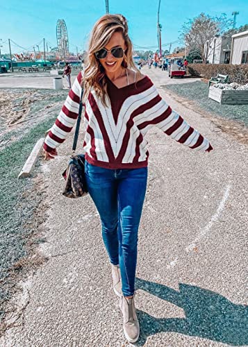 PRETTYGARDEN Sweaters for Women 2025 Long Sleeve Striped Knitted V Neck Pullover Jumper Tops Fall Outfits Fashion Clothing