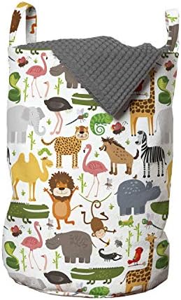 Lunarable Savannah Laundry Bag, Cartoon Style Animal Pattern Savannah Themed Lion Tigers Flamingos Funny Print, Hamper Basket with Handles Drawstring Closure for Laundromats, 13" x 19", Rainbow Colors