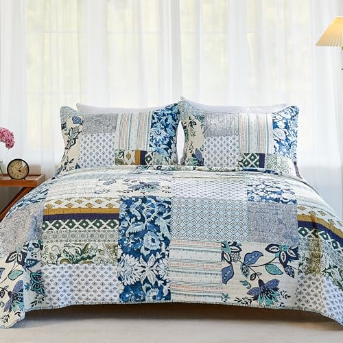 Secgo Queen Comforter Set for Bed - 100% Cotton Quilts Queen Size, Green, Sage Bedspreads (90 * 98 Inch) with 2 Pillow Shams, Patchwork Reversible Lightweight Bedding