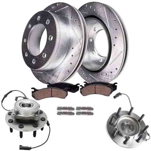 Image of Detroit Axle - 4WD Front Wheel Bearing Hubs Brake Kit for 2006-2008 | Dodge Ram 2500 3500 [8 Lugs], Drilled Slotted Brake Rotors Brake Pads Wheel Bearing Hubs 2007 Replacement 13.91 inch Rotor