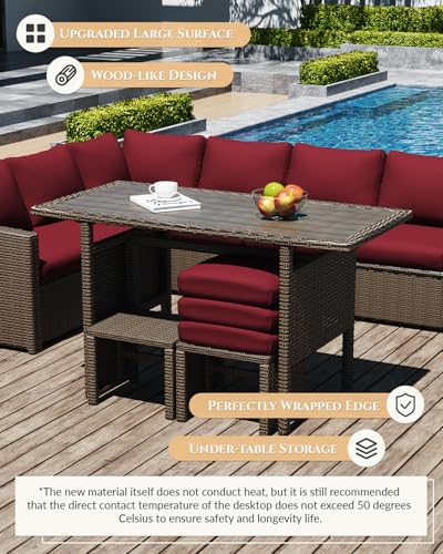 Image of U-MAX 7 Pieces Patio Furniture Set with Waterproof Cover, Outdoor Sectional Sofa Conversation Set, All Weather Wicker Rattan Dining Table & Chair with Ottoman, Brown Rattan&Wine Red Cushion