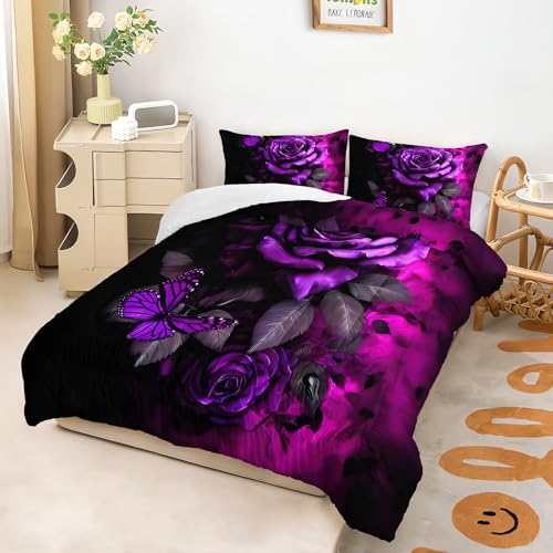 Image of AILONEN Gothic Purple Rose Comforter Queen Size with 2 Pillowcases,Butterfly Floral Bedding Set 3Pcs for Teens Girls Women,Dark Aesthetic Quilt Set for Home Decor