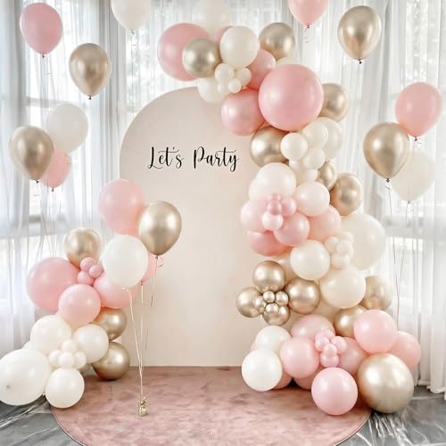 Image of Dusty Pink and Gold Balloons, 60PCS Double Stuffed Pearl White Blush Pink Balloon, 12 Inch Apricot Champagne Gold Balloons Helium for Women Girls Boho Birthday Wedding Bridal Shower Party Decorations