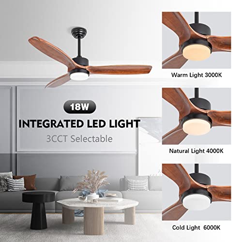 Raccroc Ceiling Fans With Lights,52In Wood Ceiling Fan With Remote Control,22W Led Light,Modern Ceiling Fan, 3 Walnut Wood Blades,6 Speeds,Reversible Quiet Dc Motor And Matte Black #TOP4
