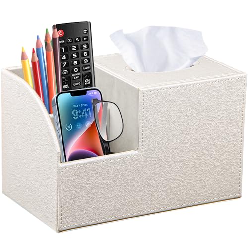 PU Leather Square Tissue Box Cover - Multi-Functional Tissue Box Holder Tissue Box Cover with Storage Tissue and Remote Control Holder Cube Tissue Box Organizer Bedroom Nightstand End Table