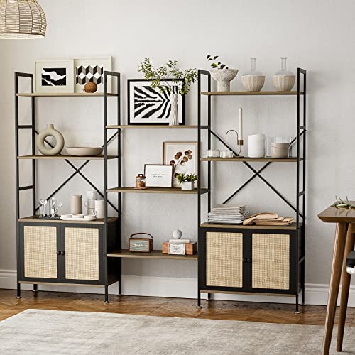 Ikifly Triple Wide 4-Tier Bookshelf, Bookcase With 4 Doors Rattan Storage Cabinet, Industrial Storage Cabinet W/Open Display Shelf, Wood And Metal Bookshelf In Office, Living Room, Study, Bedroom #TOP7
