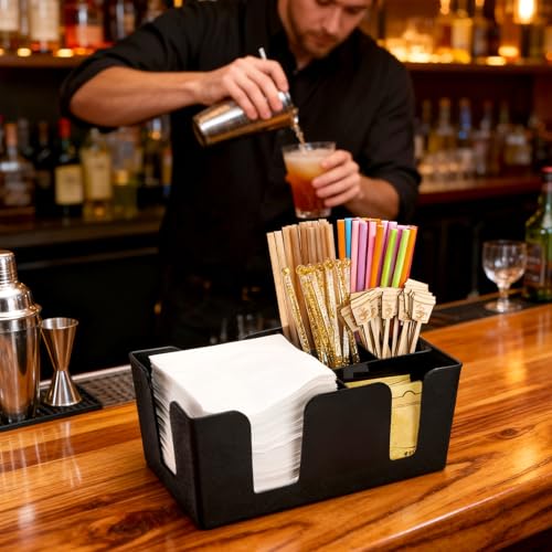 Tebery 3 Pack Black Plastic Bar Caddy with 6 Compartments, Refillable Bar Organizer Holds Napkins, Toothpicks, Straws - 9" L x 5.4" W