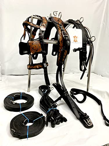 Antique Finished Leather Horse Driving Harness for Single Horse Cart | Stainless Steel Hardware | Tooled & Carved Leather | Copper Studs | (Full, Black & Natural)