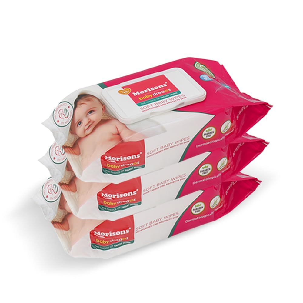 Morisons Baby Dreams Soft Baby Wipes With Lid - 72s Pack of 3| Dermatologically tested for baby's gentle skin | Goodness of Aloe Extract & Vitamin E | pH 5.5 | 97.5% Water Wipes | Mositurises & Protects Skin |Alcohol & Paraben Free | 216 Wipes
