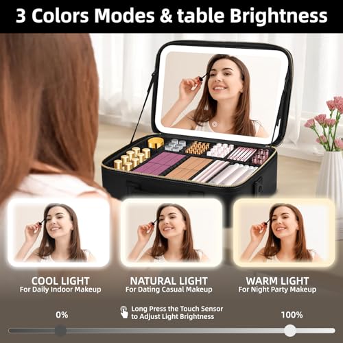 Upgraded Large Travel Makeup Bag with LED Mirror, 15” Professional Makeup Case with 3 Color Modes Dimming Lighted Mirror, Light up Cosmetic Make up Organizer with PU Leather Cover, Adjustable Dividers3