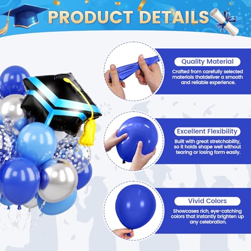 Image of Blue Silver Graduation Balloons, Royal Light Blue Silver White Confetti Balloons, Cap Star Grad Foil Balloon for 2026 Graduation Decorations Celebration Party Supplies