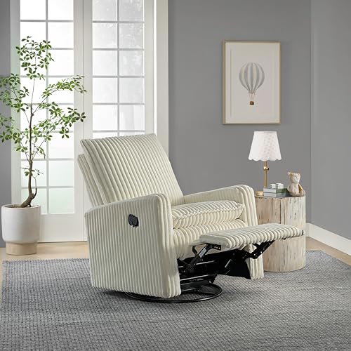 Image of Oxford Baby Uptown Upholstered Glider Recliner Rocking Chair 360 Swivel for Nursery and Living Room - Corduroy, Pearl White
