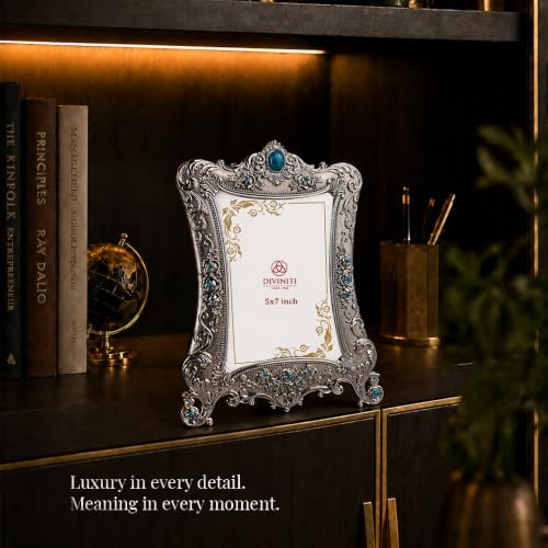 Image of Diviniti Vintage Silver Photo Frame with Blue Crystal Accents | Antique Decorative Tabletop Picture Frame | Ornate Floral Metal Frame for 4x6 Inch Photos | Luxury Home Decor Gift for Living Room & Bedroom