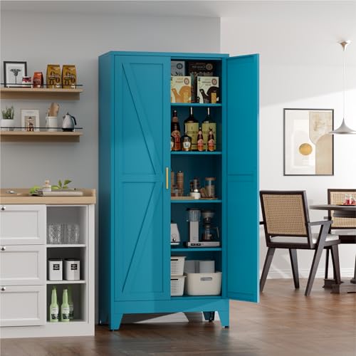 Image of Farmhouse Pantry Cabinet with Barn Doors, 71 inch H x 31.5 inch W, 5-Tier Metal Storage Cabinet with 4 Adjustable Shelves for Kitchen Garage Dining Room,Blue 1 Pack