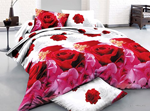 BEDnLINENS 7 Piece Set Animal Print Flower Pattern Soft 3D Comforter Set Including Matching 3D Sheet Set Queen (Red and Pink Rose-03)