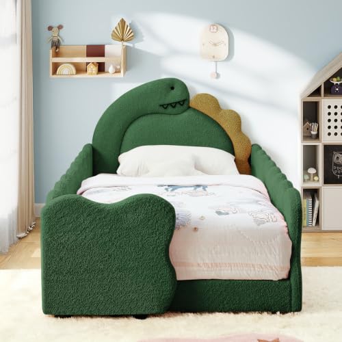 Twin Size Kids Bed Comfy Boucle Fabric Twin Daybed with Dinosaur Headboard & Safety Guardrail Upholstered Sofa Bed Frame with Storage Pockets Cute Cozy Floor Bed for Girls Boys Teenager(Green)