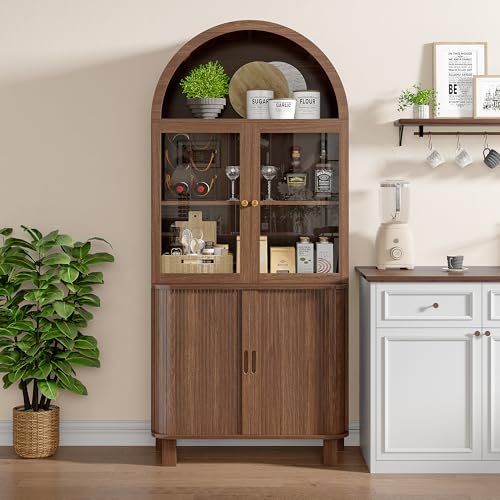 69' Tall Kitchen Pantry Storage Cabinet with Sliding Door, Modern Curved Edge Pantry Storage Cabinet with Glass Door & Adjustable Shelves, Walnut Cupboard for Kitchen, Dining Room, Living Room, Office