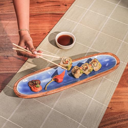 Image of Snack Attack Serving Platter | Acacia Wood Multipurpose Platter for Snacks, Fruits & Desserts | Vibrant Blue Decorative Tableware for Home & Kitchen