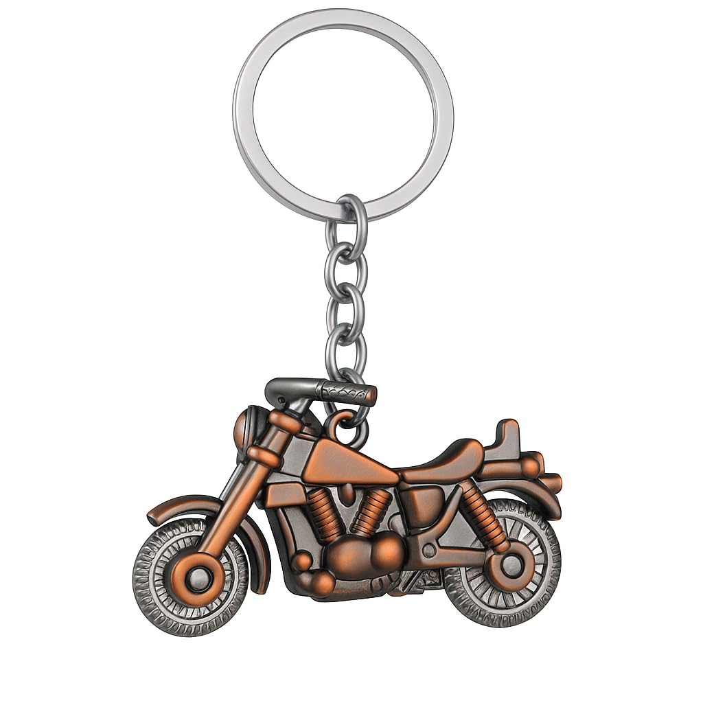 Motorcycle Keyring – Retro Bike Keychain Bag Charms for Women with Engine & Wheel Details, Cool Key Rings Gifts for Biker Lovers & Mechanic Enthusiasts-Brown