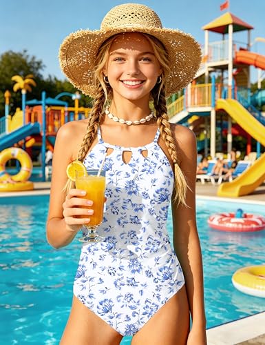 Image of KANGKANG Girls Swimsuit Quick Dry Cut Out One Piece Swimsuits with Tropical Print Cover Up Skirt Bathing Suit Swimwear 7-18Y