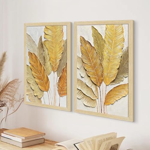 Image of ArtX Paper Leaf Paintings For Living Room, Bedroom, Natural Wood Color Frames, Multicolor, 12.0 x 18.0 inch, Set of 2