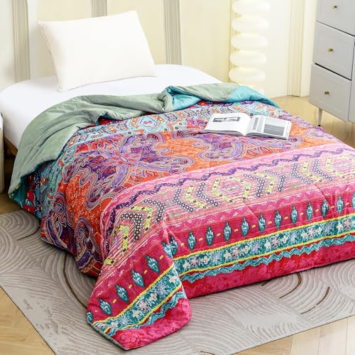 Image of Ac Comforter Single Bed Boho with Satin Finish 240 GSM - Reversible AC Comforter - Purple & Orange, Motif Comforter Quilt Duvet Dohar Blanket for Summer 150 X 225cm