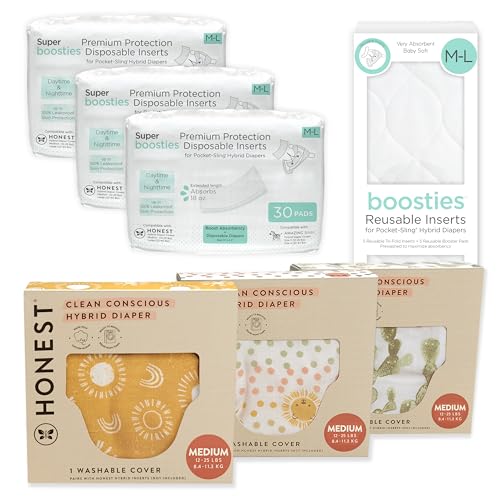 Image of Honest Hybrid Cloth Diaper Cover + Super Boosties Disposable Inserts 90ct + Reusable Inserts, Medium (12-25 lbs), Cotton Muslin Honest Covers Feature Pocket-Sling, Bonus Starter Kit
