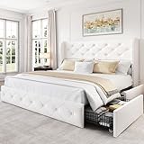 LARMACE Full Size Bed Frame with 4 Storage Drawers and Wingback Headboard Velvet Upholstered Platform Bed Frame Tufted Beds with Wooden Slats Support, Easy Assembly, White