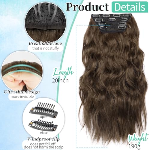 Image of Wavy Thick Clip in Hair Extensions 20 inch Medium Brown | 4 Pieces Clip in Extensions,Fiber Double Weft Hairpieces,Natural Volume,Beach Wave Long Synthetic Hairpieces for Women