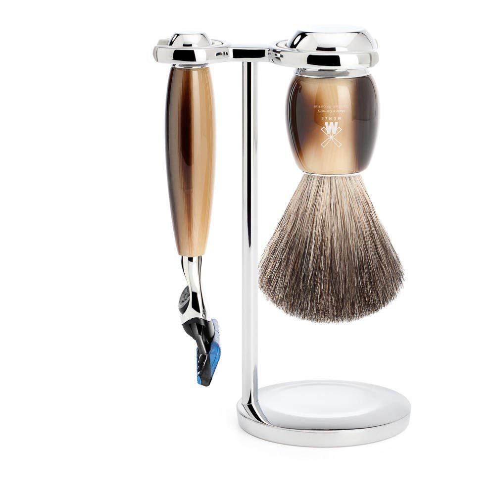 MÜHLE Rasierset - Vivo Serie - Reines Dachshaar - kompatibel mit Gillette-Klingen - Edelharz hornbraun