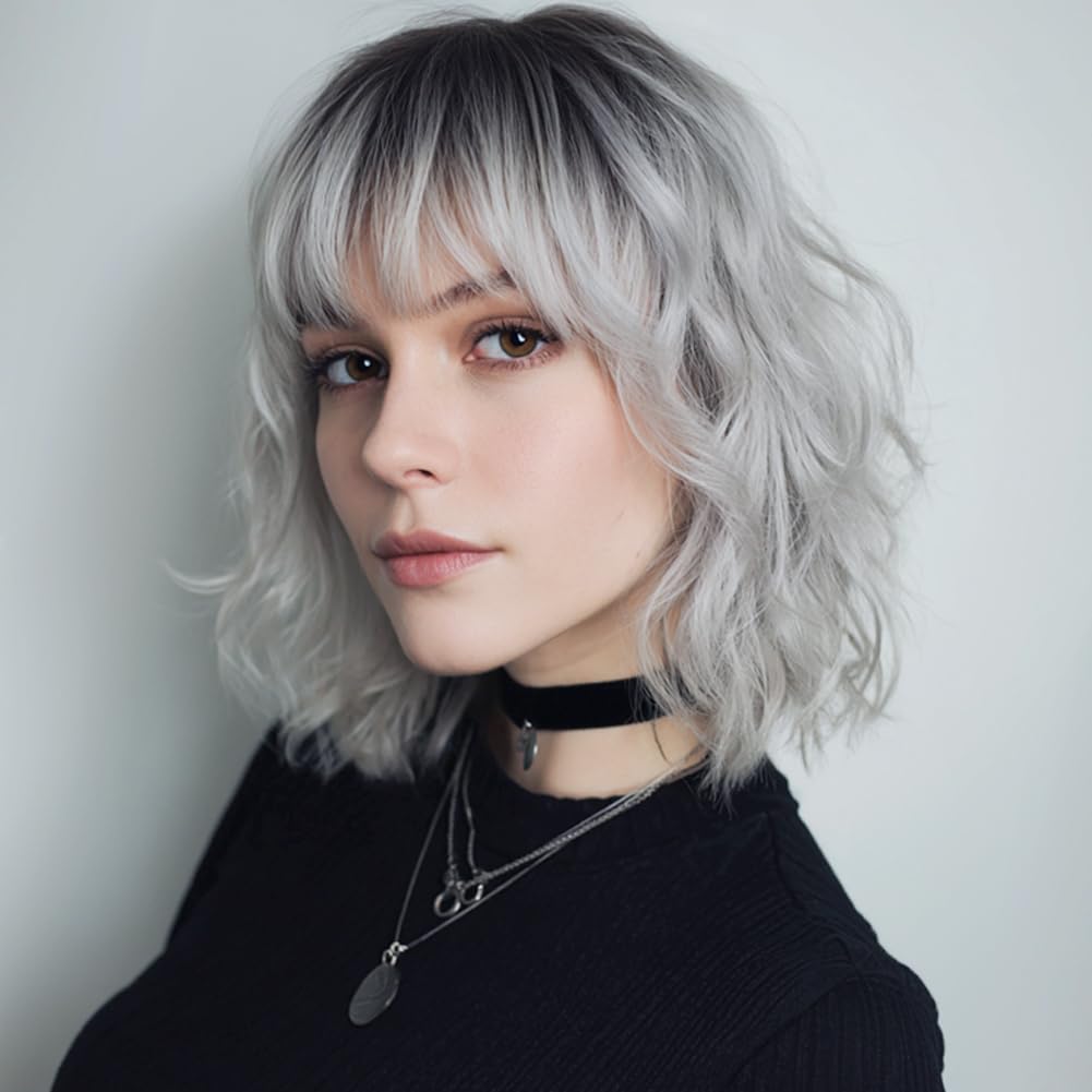Short Silver Wigs for Women Ombre Grey Wavy Bob Wig with Bangs Medium Length Synthetic Hair Water Wave Dark Roots Wig Gray Colorful Wigs(14 Inches) Short Silver Wigs for Women Ombre Grey Wavy Bob Wig with Bangs Medium Length Synthetic Hair Water Wave Dark Roots Wig Gray Colorful Wigs(14 Inches)