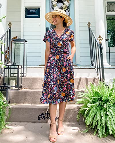 Image of Newshows Women's Pockets Wrap V Neck Floral Summer Vacation Casual Sundress | Wrinkle Free, Stretchy, Summer Beach Floral Sundress 2026, Casual Dress for Vacation, Guaduation, Side Pockets, A-line