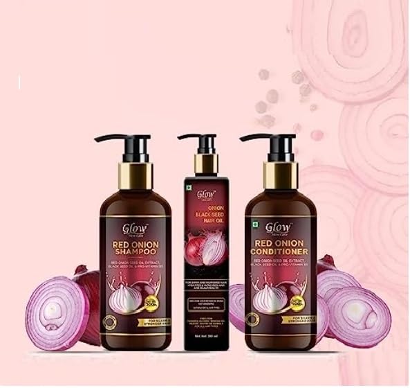 GLOW Skin Care Onion Oil Hare Care Kit For Hair Fall Control - Shampoo 300ml, Conditioner 300 ml & Onion Hair Oil 200ml