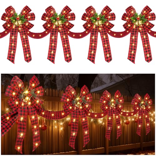 13 FT Christmas Bows Fence Decoration, 140LED Lighted Large Christmas