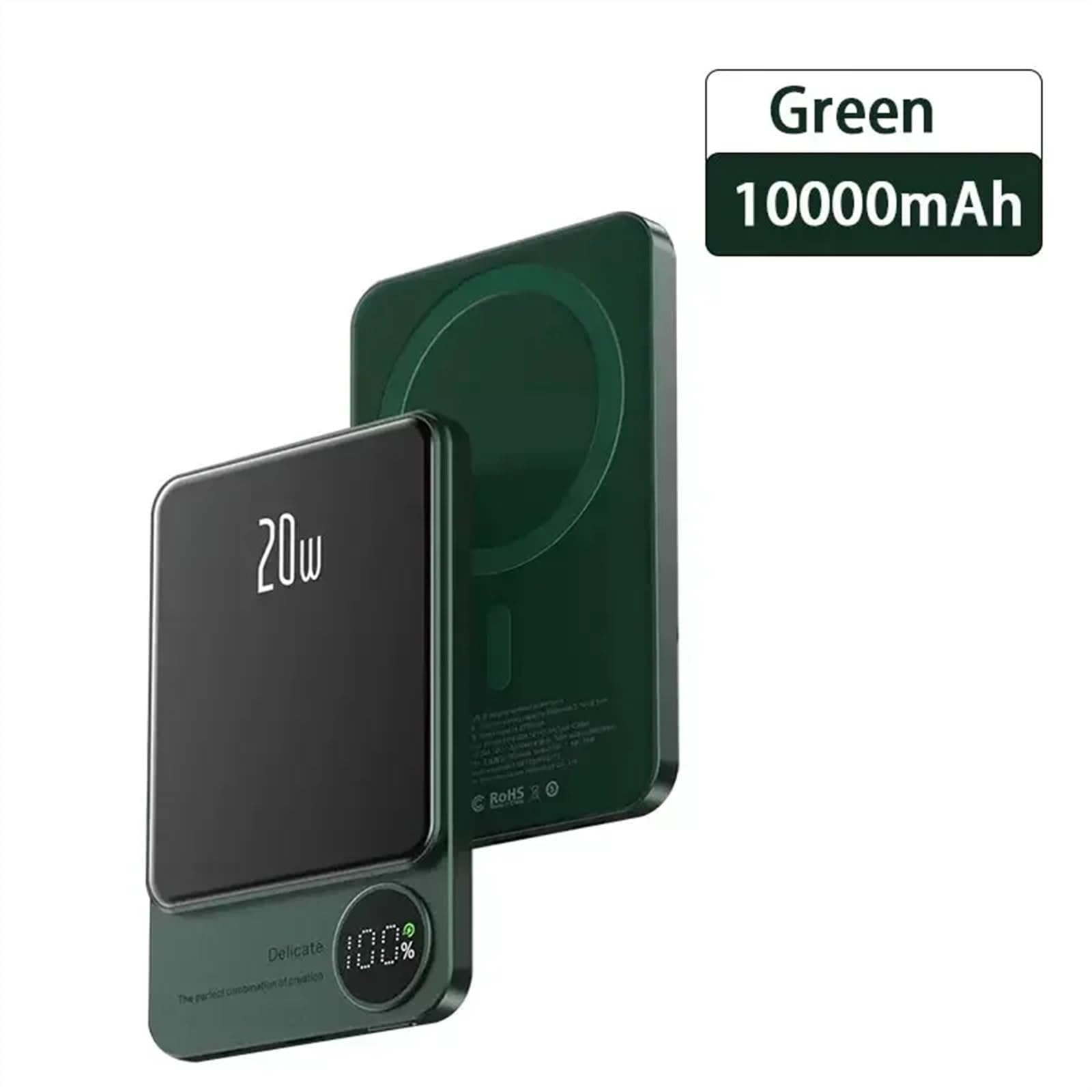 PD20W 10000mAh Przenośna, szybka ładowarka o dużej pojemności Bezprzewodowy magnetyczny power bank kompatybilny z iPhonem Zgodny z Xiaomi Zgodny z Samsungiem (Size : Green 10000mAh)