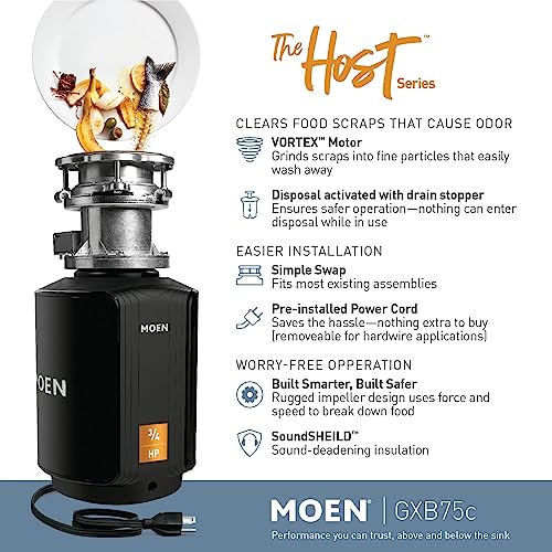 Image of Moen Host Series Garbage Disposal for Kitchen Sink with Power Cord, Control Activation, Sound Reduction, GXB75C