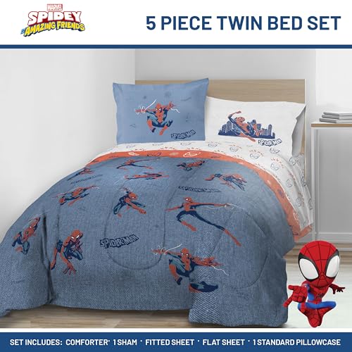 Image of Marvel Spiderman Twin Comforter Set 5 Piece Bedding for Boys, Blue | Bed in a Bag, Comforter Sheets Sham Pillowcase, Official Product, Soft Microfiber, Machine Washable, Easy Care, Boys Gift