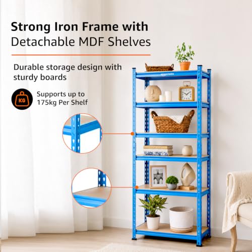 Image of Amazon Basics 6-Tier Storage Rack | Bolt-Free Assembly | Metal Stand & Thick MDF Board | 175kg Capacity Per Shelf | 72H x 24W x 12D inch Adjustable Shelf Rack for Home, Garage & Shop | Blue