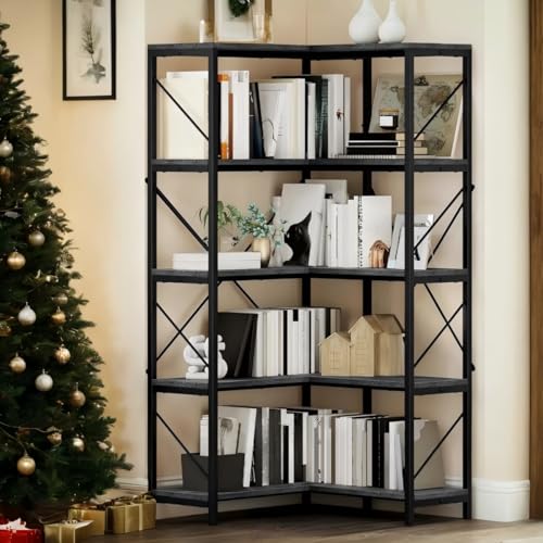 YITAHOME Corner Bookshelf, Industrial Corner Shelf 5 Tier Bookcase, Large Display Rack Storage for Bedroom, Living Room, Home Office,Charcoal Gray + Black