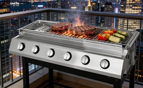 Parrilla portátil de gas LPG, parrilla profesional con quemadores independientes, rejillas extraíbles y altura ajustable para cocinar en fiestas en el patio trasero
