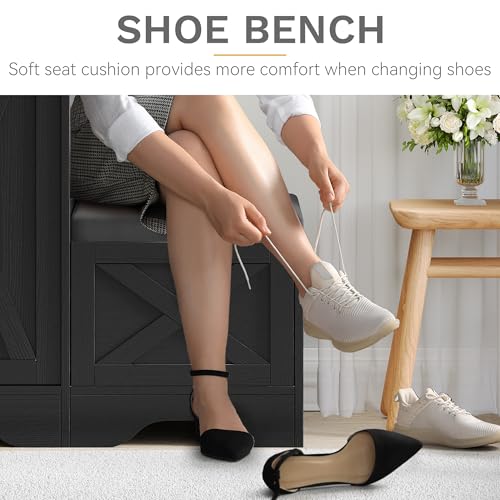 DWVO Farmhouse Shoe Storage Cabinet with Bench, 5-Tier Slim Shoe Cabinet with Adjustable Shelves for 20 Pairs Sliding Door for Entryway, Hallway, Living Room (Black)