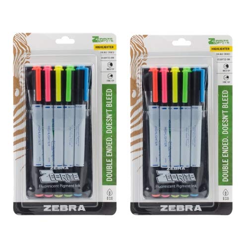 Zebra Zebrite Double-Ended Highlighter, Medium Chisel Point and Fine Point, Assorted Colors, 5-Count (2)