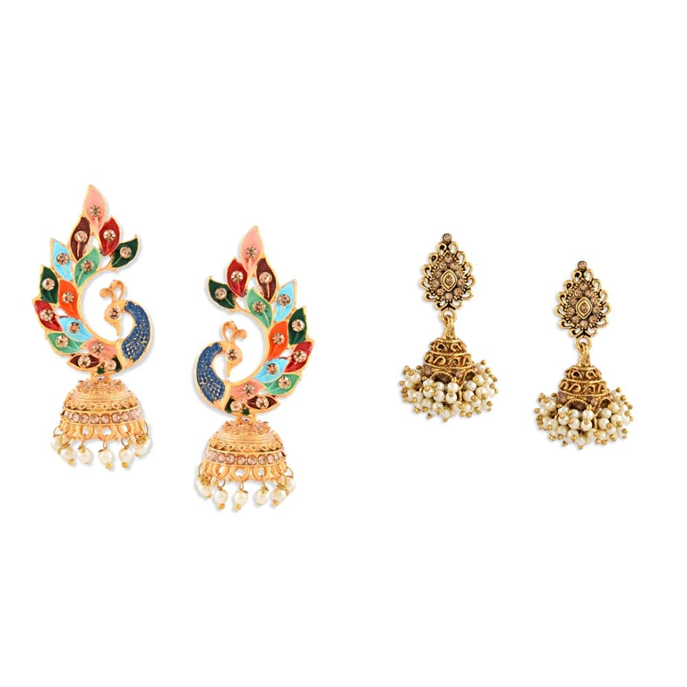 Zaveri Pearls Antique Gold Tone Traditional Jhumki Earring For Women-ZPFK7450 with Zaveri Pearls Multicolor Peacock Design Jhumki Earring For Women-ZPFK8775