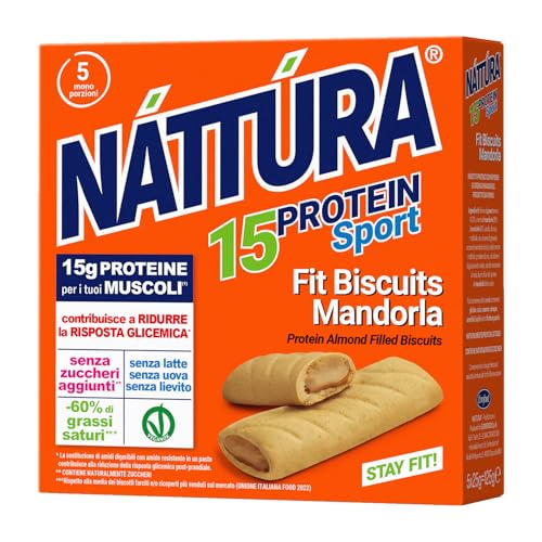 NATTURA PROTEIN SPORT Biscotti Proteici alla Mandorla Avena, Biscotti Senza Zuccheri Aggiunti, Biscotti per Sportivi, Senza Lattosio, 15% di Proteine, 5 Confezioni da 25g
