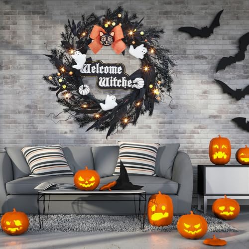 22' Halloween Wreath with 20 Lights for Front Door,...