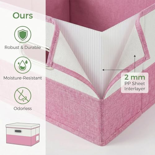 Image of PRANDOM Storage Bins with Lids [3-Pack] Linen Fabric Foldable Storage Boxes Organizer Containers Baskets Cube with Cover for Bedroom Closet Office Pink&White（11.4X8.6X6.7