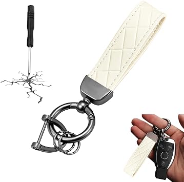 White Keychain, Universal Key Fob Holder with D-Ring & 2 Small Key Rings, Anti-Lost Metal Key Chain for Men Women